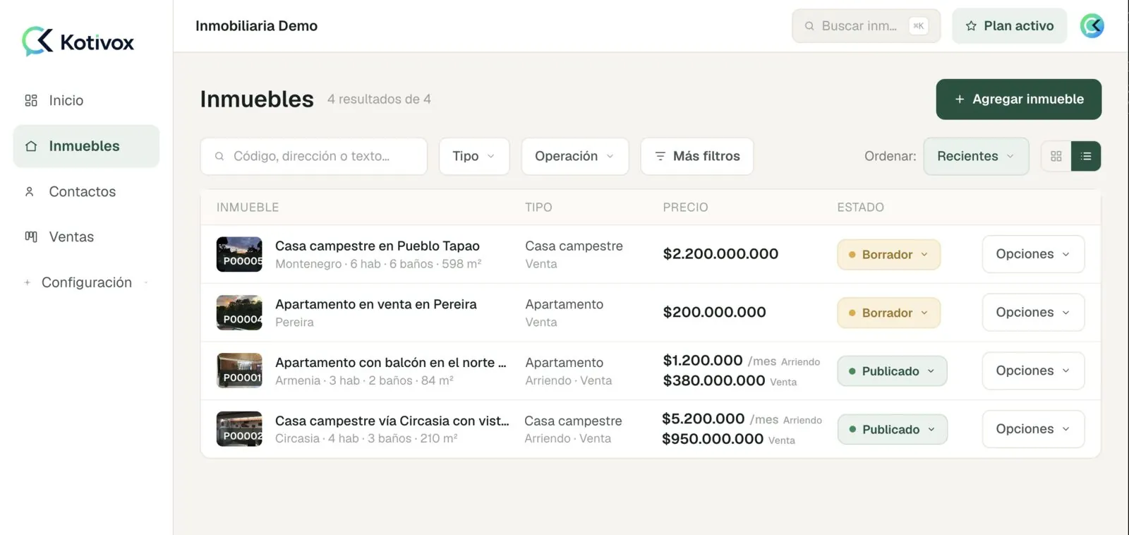 Panel de Kotivox con la lista de inmuebles y el tablero de ventas