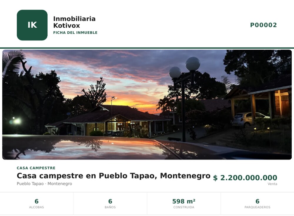 Ficha en PDF de un inmueble, con foto, precio y características